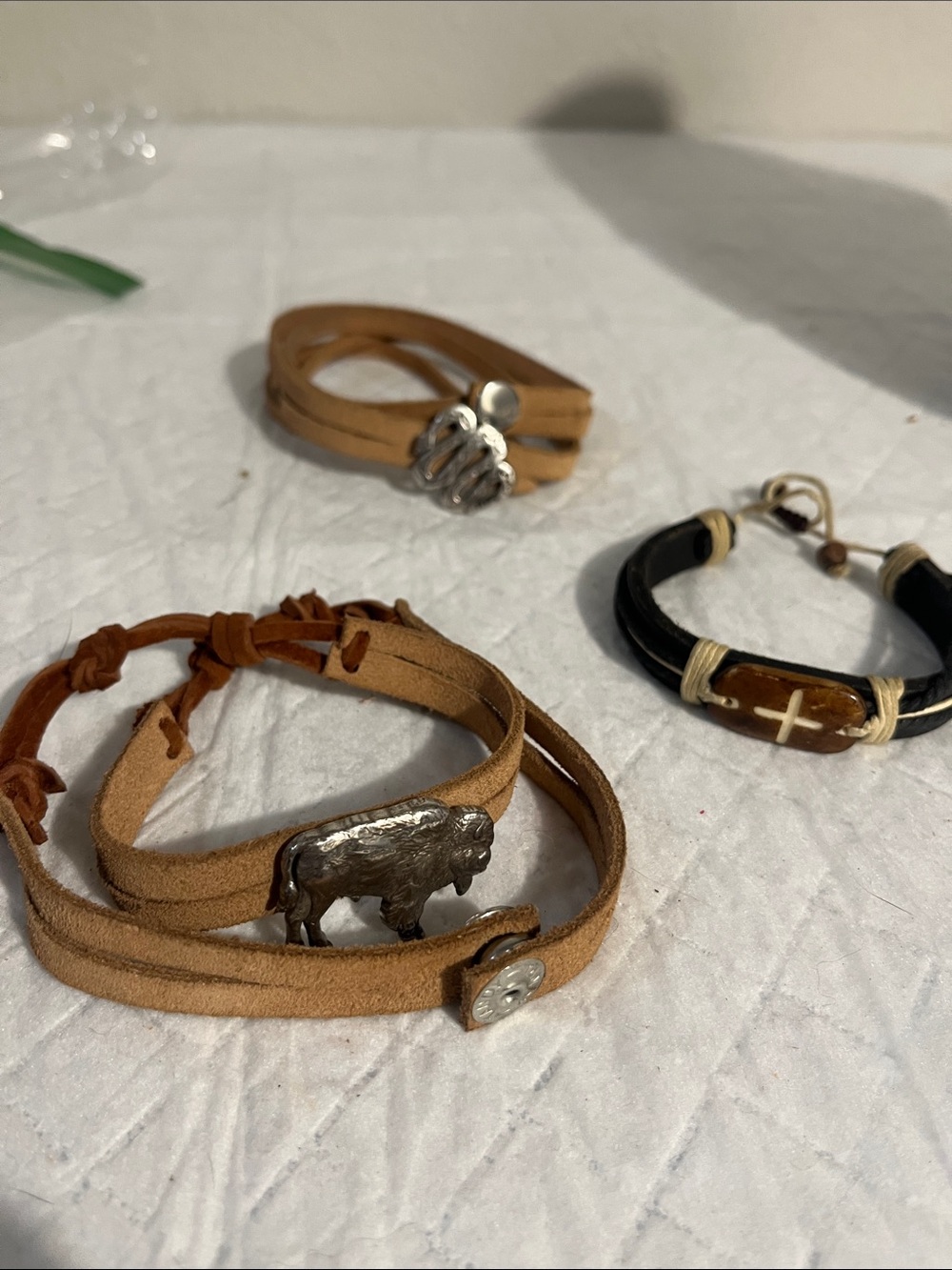 Vintage Tan Leather Wrap Bracelet with Silver Buffalo Charm